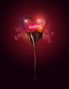 Heart transparent glass dipping melted chocolate on heart bokeh background with sweetheart concept for Valentine`s day, vector bac