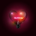 Heart transparent glass light bulb and glow happy valentines day lettering on red background with Valentine`s day concept, vector