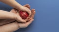Heart transplant, hands holds organ on blue background. Coronary surgery, care for organ