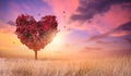 Heart Tree Love For Nature Red Landscape At Sunset