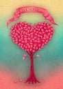 Heart Tree with ribbon hand drawn by Gouache paint. Fantasy illustration