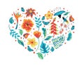 Heart with tropical leaves, flowers and bird. Royalty Free Stock Photo