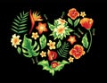 Heart with tropical leaves and flowers on black. Royalty Free Stock Photo