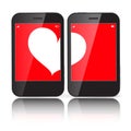 Heart on Two Cell Phones Displays