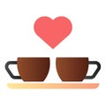 Heart and two coffee cups flat icon. Two mugs and heart color icons in trendy flat style. Romantik drink gradient style