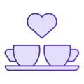 Heart and two coffee cups flat icon. Two mugs and heart violet icons in trendy flat style. Romantik drink gradient style