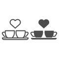 Heart and two coffee cups line and glyph icon. Two mugs and heart vector illustration isolated on white. Romantik drink