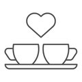 Heart and two coffee cups thin line icon. Two mugs and heart vector illustration isolated on white. Romantik drink