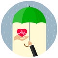 Heart under protection. The heart on the palm is covered with an umbrella.