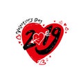 Heart 2019. Valentine`s Day 2019 modern calligraphy. Black and red holiday symbol with red hearts and heart pierced by cupid`s arr Royalty Free Stock Photo