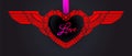 Heart for Valentines day based on the Aryan Romanesque heraldic pattern. Red frame with wings and silk pink ribbon on a black,