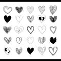 Heart vector. Love icon of black hearts scribble. Hand drawn cartoon doodle design isolated on white background. Thin stripes. Royalty Free Stock Photo