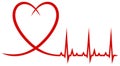 Heart vector in red with cardiogram. White isolated background.