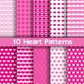 10 Heart vector seamless patterns. Pink and white colors