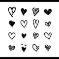 Heart vector. Set of love icon black hearts scribble. Hand drawn cartoon doodle design isolated on white background. Elements. Royalty Free Stock Photo