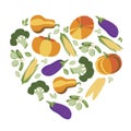 Heart of vegetables, eggplant, pumpkin, olives, broccoli, corn isolated on white background, flat vector stock illustration with