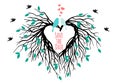 Heart wedding tree with birds, vector