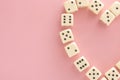 Heart. White gaming dices on pink background. victory chance and lucky. Flat lay style, place for text. Top view and Close-up cube