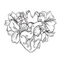 Heart with white lilies in romantic style. Blooming Heart concept.