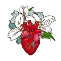 Heart with white lilies in romantic style. Blooming Heart concept.