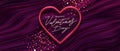 Valentines day vector illustration. Calligraphic greeting in heart shaped metallic frame on a purple fluid waves background.