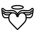 Heart with wings and halo on top vector icon. Black and white love illustration. Outline linear icon of heart. Royalty Free Stock Photo