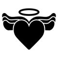 Heart with wings and halo on top vector icon. Black and white love illustration. Solid linear icon of heart. Royalty Free Stock Photo