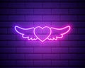 Heart with Wings purple glowing neon ui ux icon. Glowing sign logo vector isolated on brick wall background. Royalty Free Stock Photo