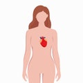 Heart on woman body silhouette vector medical illustration isolated on white background. Human inner organ placed in