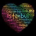 Heart word cloud with List of cities in Turkey