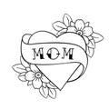 Heart with wording mom vector hand drawin tatto. Beautiful tattoo on white background. Black and whote ribbon with