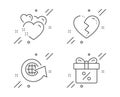 Heart, World globe and Broken heart icons set. Discount offer sign. Love, Around the world, Love end. Gift box. Vector