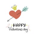 Heart wounded by an arrow. Valentine`s day greeting card with Doodle style. Vector illustration on a white background