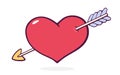 Heart wounded by an arrow. Valentines Day and love symbol. Vector illustration. Hand drawn cartoon clip art with outline