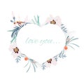 Heart woven of branch. Frame of exotic tropical flowers and leaves on white background.