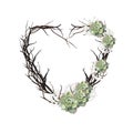 Heart woven of twigs. Decorative floral frame. Beautiful valentine greeting card