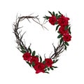 Heart woven of twigs. Decorative floral frame. Beautiful valentine greeting card with red roses.