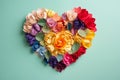 A heart wrapped in colorful flower petals, papercraft, on green background, Generative AI