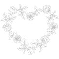 Heart wreath of a rose with stem and leaves in line art style. Vector illustration. Hand drawn outline flower. Black and Royalty Free Stock Photo