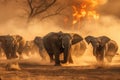 Elephants stampeding, rapidly advancing wildfire, seeking safety, generative AI Royalty Free Stock Photo