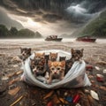 Kittens abandoned in a plastic bag by river in torrential rain