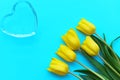 Glass heart and yellow tulips on a turquoise background, fragile love background, valentines day concept