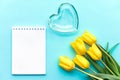 Glass heart and yellow tulips on a turquoise background, fragile love background, valentines day concept Royalty Free Stock Photo