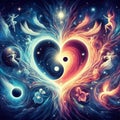 Heart with yin yang symbols. Twin flame. Unity of opposites. The concept of esoteric, spiritual love. Illustration for