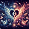 Heart with yin yang symbols. Twin flame. Unity of opposites. The concept of esoteric, spiritual love. Illustration for