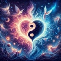 Heart with yin yang symbols. Twin flame. Unity of opposites. The concept of esoteric, spiritual love. Illustration for