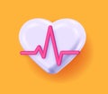 Heartbeat 3d icon, white heart red beat rate render graphic vector isolated on yellow orange background, medical blood pressure