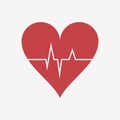 Heartbeat or Heart beat. Cardiogram. Red heart with a pulse stripe. Vector.