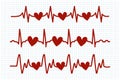 Heartbeat, icons set. Red heart beats on a checkered sheet. Cardiogram of the heart. Design elements