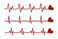 Heartbeat, icons set. Red heart beats on a checkered sheet. Cardiogram of the heart. Design elements